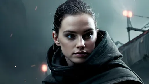 Prompt: In a futuristic, battle-scarred landscape, a pretty young woman clad in a dark hooded cloak stands resolutely, her expression a mix of determination and vulnerability. Her sharp features are accentuated by combat markings on her face, contrasting against the soft folds of her hood, while she grips a blaster with both hands, ready for action. Behind her, a dramatic array of starfighter ships weaves through the chaos of an explosive space skirmish, illuminated by a haze of sparks and laser fire that bathes the scene in an ethereal glow. The environment is a blend of sleek modernity and rugged remnants of past conflicts, with a futuristic city rising in the background, its tall structures and neon lights adding to the intensity of the moment. The overall mood is charged, encapsulating a fierce struggle for survival amidst a vast cosmic backdrop.