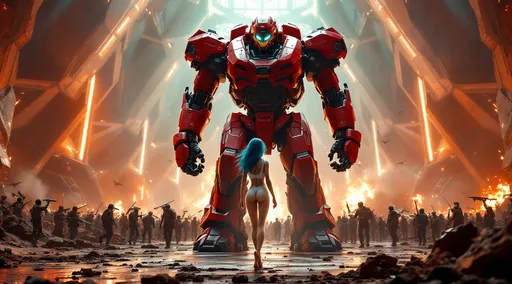 Prompt: A photo realistic, full-body view, cinematic render on a strikingly chaotic and vast futuristic planet scorched from years of war. A young beautiful 16-year-old white barefoot girl, with vibrant blue hair walks on her tiptoes in a sleek form-fitting white and gold crop top bodysuit that glistens under the soft, dramatic lighting. Behind her looms a war of troops and other Mecha battling, shooting giant lasers, clashing and exploding upon defeat. A massive red anime style Mecha figure 40 feet tall waiting to be boarded has an imposing presence adding an air of intensity to the scene, highlighting the juxtaposition of human and machine. The background features a deep, geometric pattern that emphasizes the verticality of the space, with faint beams of light creating an almost cinematic feel. The color palette is dominated by reds and deep shadows, amplifying the mood of power and readiness, while the woman's expression conveys a sense of determination and strength. This dynamic composition encapsulates a narrative of synergy between technology and humanity, hinting at a story of companionship and conflict in a high-stakes world.