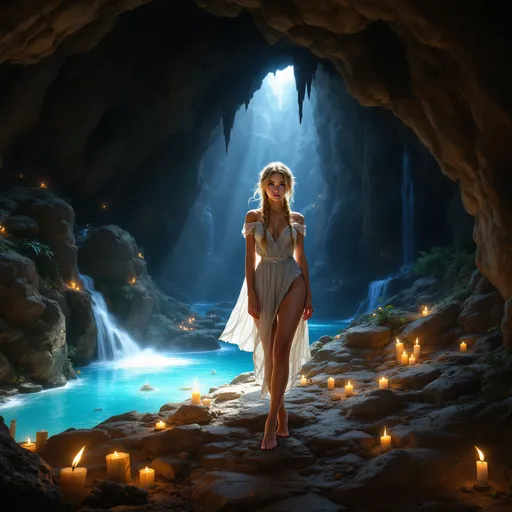 Prompt: A photorealistic image of a dark shadowy cave with deep caverns and sky-high walls that form into ceilings with light pouring in through the cracks. A waterfall pours gently into the space and creates a crystal clear light blue stream. A full-body shot of a young beautiful, brave and accurately barefoot Caucasian girl, with blonde tussled yet stylishly braided hair, wearing a chic 1-piece armored bodysuit style swimsuit with stylish cuts, standing playfully legs crossed barefoot and tiptoed by candles, torches and lanterns strewn about her camp. Her two Katanas are leaned against a boulder while her wild long hair white bear curls up for a good sleep.