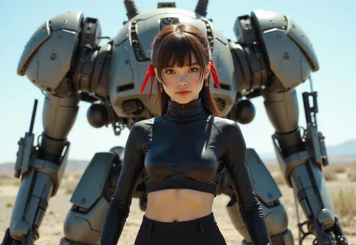 Prompt: The camera is set back to capture the full body of the girl. A strikingly detailed character emerges from a cyberpunk futuristic landscape, clad in a sleek, form-fitting crop top , black suit that highlights her youthful features. With her long hair styled into a ponytail adorned with a red ribbon, she gazes directly at the viewer with wide, expressive eyes that exude confidence and a hint of mischief. Behind her, a complex mech suits device looms, with various mechanical components and weapons inconspicuously integrated into its design, creating a stark contrast between her softness and the rigid technology surrounding her. The lighting accentuates the glossy texture of her outfit and the metallic surfaces of the machinery, evoking a dynamic interplay of shadows and reflections. The overall mood blends a sense of adventure and readiness, suggesting a narrative of exploration or battle in a high-tech world. @alice, the framing is wide shot to capture the entire scene, including the subject and the surrounding environment
