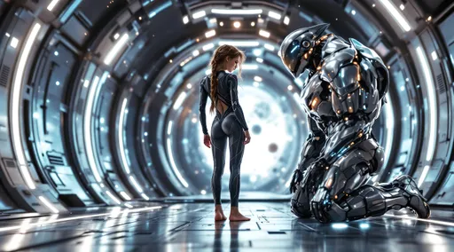 Prompt: The style is candid image photography with natural textures and highly realistic light, editorial, A full body portrait of a young pretty Caucasian girl with brown lightly braided hair. She is in a chic one-piece string armor bodysuit with stylized dramatic cuts, captured in a futuristic outer space setting, aboard an enormous galactic space station, she is standing in various positions. Next to her is her towering Mech suit that she pilots. The scene is shot from a ground-level, worm's eye perspective, capturing the girls accurately rendered bare feet and the grandeur of the vastness of space, with planets and stars visible all around. The style is vibrant and saturated with professionally color graded visuals, the angle is a low shot framing to capture the subject's bare feet, iridescent style, bright and reflective atmosphere light effects, holographic background