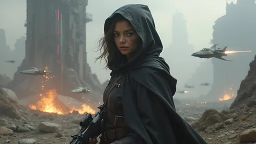 Prompt: In a futuristic, battle-scarred landscape, a young woman clad in a dark hooded cloak stands resolutely, her expression a mix of determination and vulnerability. Her sharp features are accentuated by combat markings on her face, contrasting against the soft folds of her hood, while she grips a blaster with both hands, ready for action. Behind her, a dramatic array of starfighter ships weaves through the chaos of an explosive space skirmish, illuminated by a haze of sparks and laser fire that bathes the scene in an ethereal glow. The environment is a blend of sleek modernity and rugged remnants of past conflicts, with a futuristic city rising in the background, its tall structures and neon lights adding to the intensity of the moment. The overall mood is charged, encapsulating a fierce struggle for survival amidst a vast cosmic backdrop.