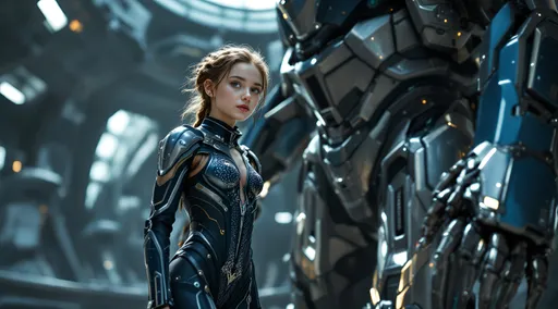 Prompt: The style is candid image photography with natural textures and highly realistic light, editorial, A full body portrait of a young pretty Caucasian girl with brown lightly braided hair. She is in a chic one-piece string armor bodysuit with stylized dramatic cuts, captured in a futuristic outer space setting, aboard an enormous galactic space station, she is standing in various positions. Next to her is her towering Mech suit that she pilots. The scene is shot from a ground-level, worm's eye perspective, capturing the girls accurately rendered bare feet and the grandeur of the vastness of space, with planets and stars visible all around. The style is vibrant and saturated with professionally color graded visuals, the angle is a low shot framing to capture the subject's bare feet, iridescent style, bright and reflective atmosphere light effects, holographic background
