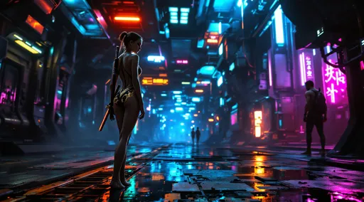 Prompt: A photorealistic dark sci-fi themed depiction of a gritty, highly detailed underworld of a galactic space station, alive with cold metallic colors and vibrant neon glows. The scene intricately detailed showcases imaginative futuristic buildings and flying vehicles that contribute to an electric, humid atmosphere. In the distance, shot from a ground level, worm's eye perspective, the viewpoint emphasizes the girl's full body feet. In the distance she stands ankles crossed tip toed Barefoot confidently with her hand on her hip a full-body image captures a white Caucasian barefoot girl with light blue eyes and lightly braided blonde hair, adorned with a diamond hairband. She is barefooted in a chic black and gold one-piece dramatically cut armor bodysuit string swimsuit. A katana with a neon hilt is sheathed on her back, enhancing her fierce presence. The high-contrast lighting casts intense shadows and bold highlights, creating a cinematic depth that heightens the suspenseful tone. Rich colors and powerful visual impact contribute to the theatrical ambiance, framing her full body feet, iridescent style, bright and reflective atmosphere light effects, holographic background, the framing is mid-low shot to capture the entire scene, including the subject's feet and the surrounding environment