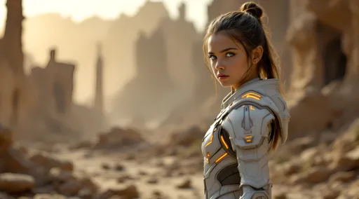Prompt: In a desolate, crumbling landscape that hints at a once-grand civilization, a young warrior girl stands poised for battle, emanating strength and determination. Clad in a sleek, futuristic white armor illuminated by glowing orange lines, she grips a gleaming sword with a focused intensity, her piercing blue eyes locked on an unseen adversary. Her wild mane of red hair, styled in braids, whips dramatically around her as if stirred by an unseen wind, enhancing her fierce persona. The chaotic backdrop of shattered stone and distant ruins adds to the atmosphere of imminent conflict, underscoring the warrior's readiness to confront whatever dangers lie ahead, while sparks of energy dance around her, enriching the tension and excitement of the scene. The overall color palette is stark and moody, dominated by gray tones, with pops of bright color from her armor and the surrounding magical elements, creating a visually captivating tableau.