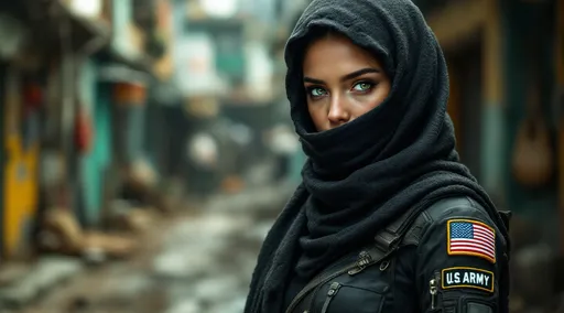Prompt: With a determined gaze, a young woman stands, wrapped in a dark, textured scarf that partially conceals her features, while her intense green eyes pierce through the shadows of a rugged futuristic environment. She has a large natural breast size. She’s dressed in a stealth-tight form fitting bodysuit, adorned with practical pockets and zippers, 1 USA flag patch resonating a sense of survival and resilience. And A US ARMY patch seen on her front pocket. The camera is back from the subject. The composition captures a perfect balance between the foreground's detailed figure and the enchanting blur of the vibrant street scene behind her, creating a captivating narrative of adventure and intrigue. The overall mood is one of heightened drama. the outlines of a chaotic, makeshift setting suggest activity, hinting at a creative, perhaps resourceful atmosphere. The muted color palette of browns and greens evokes a gritty mood, capturing a moment in a story filled with struggle and purpose. The scene suggests a narrative of adversity, as she prepares for a significant challenge, her neutral expression betraying a resolve that speaks volumes in this stark, war-torn backdrop.