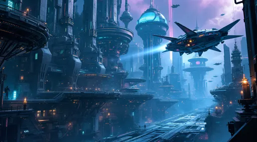 Prompt: A photorealistic dark sci-fi themed depiction of a gritty, highly detailed underworld of a galactic space station, alive with cold metallic colors and vibrant neon glows. The scene showcases imaginative futuristic buildings and flying vehicles that contribute to an electric, humid atmosphere. Shot from a ground level, worm's eye perspective, the viewpoint emphasizes the towering structures and the bustling life above. A full-body image captures a white Caucasian girl 14 with light blue eyes and lightly braided blonde hair, adorned with a diamond hairband, posing confidently with her hand on her hip on the ledge of a high tower. She wears a chic black and gold crop top paired with armored black and gold string swim bottoms. A katana with a neon hilt is sheathed on her back, enhancing her fierce presence. The high-contrast lighting casts intense shadows and bold highlights, creating a cinematic depth that heightens the suspenseful tone. Rich colors and powerful visual impact contribute to the theatrical ambiance, framing her figure against the backdrop of the city skyline visible through the giant hull of a docked space freighter.
