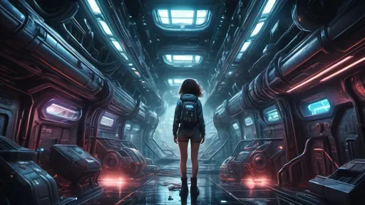 Prompt: A photorealistic dark sci-fi themed depiction of a gritty, highly detailed underworld of a galactic space station, alive with cold metallic colors and vibrant neon glows. The scene intricately detailed showcases imaginative futuristic buildings and flying vehicles that contribute to an electric, humid atmosphere. Shot from a ground level, worm's eye perspective, the viewpoint emphasizes the girl's full body. Posing barefoot confidently with her hand on her hip a full-body image captures a white Caucasian girl with light blue eyes and lightly braided blonde hair, adorned with a diamond hairband, she wears a chic black and gold one-piece armor bodysuit string swimsuit. A katana with a neon hilt is sheathed on her back, enhancing her fierce presence. The high-contrast lighting casts intense shadows and bold highlights, creating a cinematic depth that heightens the suspenseful tone. Rich colors and powerful visual impact contribute to the theatrical ambiance, framing her figure against the backdrop of the city skyline visible through the giant hull of a docked space freighter., iridescent style, bright and reflective atmosphere light effects, holographic background, the framing is wide shot to capture the entire scene, including the subject and the surrounding environment