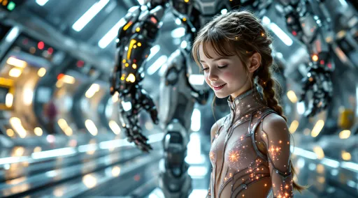 Prompt: The style is candid image photography with natural textures and highly realistic light, editorial, A full body portrait of a young pretty Caucasian girl with brown lightly braided hair. She is in a chic one-piece string armor bodysuit with anime inspired stylized dramatic cuts engineered for a cooling breathable purpose. Captured in a futuristic outer space setting, aboard an enormous galactic space station, she is standing in various positions. Next to her is her towering Mech suit that she pilots. The scene is shot from a ground-level, worm's eye perspective, capturing the girls accurately rendered bare feet and the grandeur of the vastness of space, with planets and stars visible all around. The style is vibrant and saturated with professionally color graded visuals, iridescent style, bright and reflective atmosphere light effects, holographic background