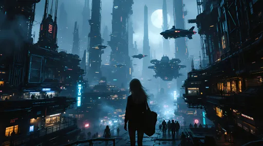 Prompt: A photorealistic dark sci-fi themed depiction of a gritty, highly detailed underworld of a galactic space station, alive with cold metallic colors and vibrant neon glows. The scene showcases imaginative futuristic buildings and flying vehicles that contribute to an electric, humid atmosphere. Shot from a ground level, worm's eye perspective, the viewpoint emphasizes the towering structures and the bustling life above. A full-body image captures a white Caucasian girl 14 with light blue eyes and lightly braided blonde hair, adorned with a diamond hairband, posing confidently with her hand on her hip on the ledge of a high tower. She wears a chic black and gold crop top paired with armored black and gold string swim bottoms. A katana with a neon hilt is sheathed on her back, enhancing her fierce presence. The high-contrast lighting casts intense shadows and bold highlights, creating a cinematic depth that heightens the suspenseful tone. Rich colors and powerful visual impact contribute to the theatrical ambiance, framing her figure against the backdrop of the city skyline visible through the giant hull of a docked space freighter.
