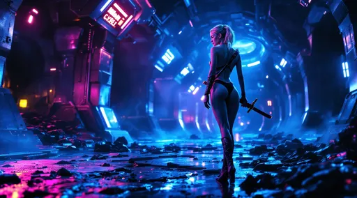 Prompt: A photorealistic dark sci-fi themed depiction of a gritty, highly detailed underworld of a galactic space station, alive with cold metallic colors and vibrant neon glows. The scene intricately detailed showcases imaginative futuristic buildings and flying vehicles that contribute to an electric, humid atmosphere. In the distance, shot from a ground level, worm's eye perspective, the viewpoint emphasizes the girl's full body feet. In the distance she stands ankles crossed tip toed Barefoot confidently with her hand on her hip a full-body image captures a white Caucasian barefoot girl with light blue eyes and lightly braided blonde hair, adorned with a diamond hairband. She is barefooted in a chic black and gold one-piece dramatically cut armor bodysuit string swimsuit. A katana with a neon hilt is sheathed on her back, enhancing her fierce presence. The high-contrast lighting casts intense shadows and bold highlights, creating a cinematic depth that heightens the suspenseful tone. Rich colors and powerful visual impact contribute to the theatrical ambiance, framing her full body feet, iridescent style, bright and reflective atmosphere light effects, holographic background, the framing is mid-low shot to capture the entire scene, including the subject's feet and the surrounding environment