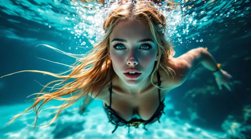 Prompt: The style is candid image photography with natural textures and highly realistic light, perfectly rendered legs and bare feet, editorial, A captivating entire body portrait of a young, attractive barefoot woman with striking blonde hair, portraying a pirate captain gracefully swimming underwater next to her ship in the ocean. The scene is shot from a ground level, worm's eye perspective. She is dressed in a modest yet intricately designed pirate outfit that flatters her figure, featuring a corset that highlights her form and stylish cheeky bottoms that enhance her silhouette and add flair. 
