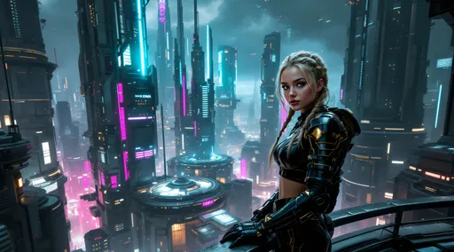 Prompt: A photorealistic dark sci-fi themed depiction of a gritty, highly detailed underworld of a galactic space station, alive with cold metallic colors and vibrant neon glows. The scene showcases imaginative futuristic buildings and flying vehicles that contribute to an electric, humid atmosphere. Shot from a ground level, worm's eye perspective, the viewpoint emphasizes the towering structures and the bustling life above. A full-body image captures a white Caucasian 14 girl with light blue eyes and lightly braided blonde hair, adorned with a diamond hairband, posing confidently with her hand on her hip on the ledge of a high tower. She wears a chic black and gold crop top paired with armored black and gold string swim bottoms. A katana with a neon hilt is sheathed on her back, enhancing her fierce presence. The high-contrast lighting casts intense shadows and bold highlights, creating a cinematic depth that heightens the suspenseful tone. Rich colors and powerful visual impact contribute to the theatrical ambiance, framing her figure against the backdrop of the city skyline visible through the giant hull of a docked space freighter.
