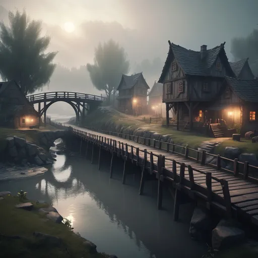 Prompt: small settlement, foggy, bridge and river, dramatic fantasy settlement scene, cinematic lighting