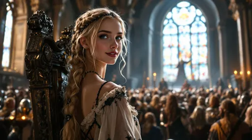 Prompt: A long shot photo of a pretty girl with light blue eyes with strawberry hair light braids held back by a black diamond head band. She is wearing a delicate gothic 14th century style top and matching bottoms in a gothic marble castle. She is in the throne room. The throne is ornate and intimidating. It's morning. Windows are stained glass. There are several highly detailed knights in the background, and a detailed crowd of 14th century villagers there to greet her. She looks happy.