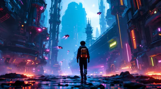 Prompt: A photorealistic dark sci-fi themed depiction of a gritty, highly detailed underworld of a galactic space station, alive with cold metallic colors and vibrant neon glows. The scene intricately detailed showcases imaginative futuristic buildings and flying vehicles that contribute to an electric, humid atmosphere. Shot from a ground level, worm's eye perspective, the viewpoint emphasizes the girl's full body. Posing barefoot confidently with her hand on her hip a full-body image captures a white Caucasian girl 14 with light blue eyes and lightly braided blonde hair, adorned with a diamond hairband,. She wears a chic black and gold one-piece armor bodysuit string swimsuit. A katana with a neon hilt is sheathed on her back, enhancing her fierce presence. The high-contrast lighting casts intense shadows and bold highlights, creating a cinematic depth that heightens the suspenseful tone. Rich colors and powerful visual impact contribute to the theatrical ambiance, framing her figure against the backdrop of the city skyline visible through the giant hull of a docked space freighter., iridescent style, bright and reflective atmosphere light effects, holographic background, the framing is wide shot to capture the entire scene, including the subject and the surrounding environment