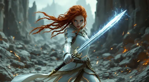 Prompt: In a desolate, crumbling landscape that hints at a once-grand civilization, a young warrior girl stands poised for battle, emanating strength and determination. Clad in a sleek, futuristic white armor illuminated by glowing orange lines, she grips a gleaming sword with a focused intensity, her piercing blue eyes locked on an unseen adversary. Her wild mane of red hair, styled in braids, whips dramatically around her as if stirred by an unseen wind, enhancing her fierce persona. The chaotic backdrop of shattered stone and distant ruins adds to the atmosphere of imminent conflict, underscoring the warrior's readiness to confront whatever dangers lie ahead, while sparks of energy dance around her, enriching the tension and excitement of the scene. The overall color palette is stark and moody, dominated by gray tones, with pops of bright color from her armor and the surrounding magical elements, creating a visually captivating tableau.