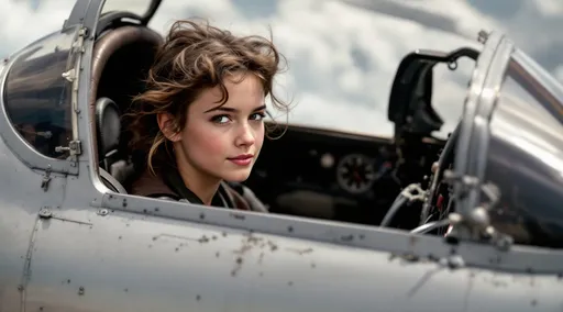 Prompt: A 15-year-old girl with tousled brown hair viewed through the glass sits confidently at the controls of a 1950s fighter jet, gunning down enemy planes