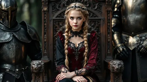 Prompt: A photo of a pretty, high detail barefooted girl, with strawberry hair and light braids held back by a black diamond head band. She is wearing a delicate gothic 14th century style top and matching bottoms in a gothic marble castle. She is in the throne room seated elegantly lady like. With 2 large overwhelming Knights on guard on each side of the girl, staring stoic, staring at the camera. The throne is ornate and intimidating. It's morning. Windows are stained glass.