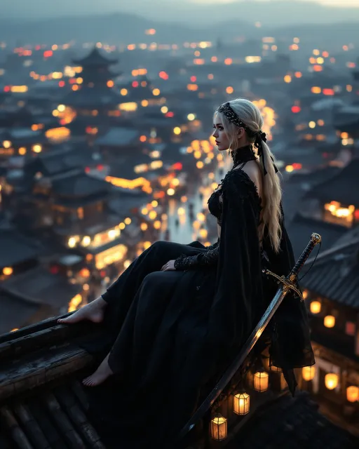 Prompt: A striking figure perched on a Feudal Japan rooftop. A young visibly barefoot, the camera view wide and set back to showcase her bare feet. Caucasian woman with flowing, platinum blonde hair with an ornate head band or hair tie with diamond accents, gazes intently into the distance, her expression a blend of calm and intensity. Adorned in a dark, silver adorned, revealing, intricately designed outfit complemented by black gothic crop top and a flowing cape, she exudes an aura of mystery, enhanced by the ornate sword sheathed on her back. The backdrop of a bustling, lantern-lit street evokes a sense of lively, yet tranquil evening in an ancient-style town, illuminated by warm, golden glows and deep shadows. The composition captures a perfect balance between the foreground's detailed figure and the enchanting blur of the vibrant street scene behind her, creating a captivating narrative of adventure and intrigue. The overall mood is one of heightened drama, accentuated by the contrast between her dark attire and the softly glowing lights around her, set against a rich, dusky blue sky.

