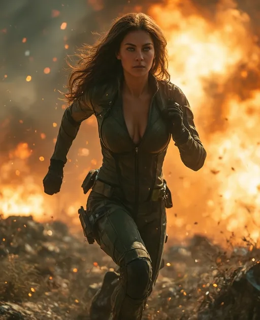 Prompt: The style is candid image photography with natural textures and highly realistic light, editorial, with a determined gaze, an attractive Caucasian woman runs from explosions from enemy fire in futuristic sci-fi setting, while her intense green eyes pierce through the shadows of a rugged futuristic environment. She is perfectly toned and has a large natural breast size. She’s dressed in an olive-green form fitting bodysuit, adorned with practical pockets and zippers., The style is bright, glowing colors reminiscent of neon signs with an editorial style, The style is bright, glowing colors reminiscent of neon signs with an editorial style, the angle is a low shot framing to make the subject appear more imposing