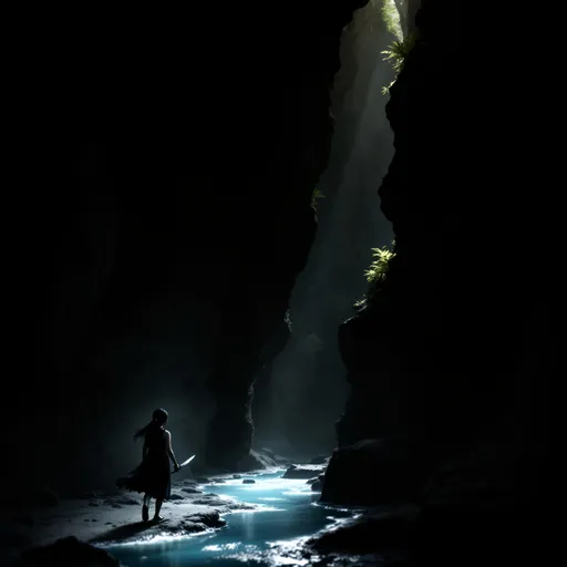 Prompt: A dark cold shadowy cave with deep caverns and sky-high walls that form into ceilings with sunlight pouring in through the cracks. A waterfall pours gently into the space and creates a crystal clear light blue stream. A brave young girl steps through cautiously armed with a small sword and 2-piece attire, a crop top and small bottoms obtained from natural materials found in the area. Her bare feet touch the stream, and an icy chill rolls up her spine.