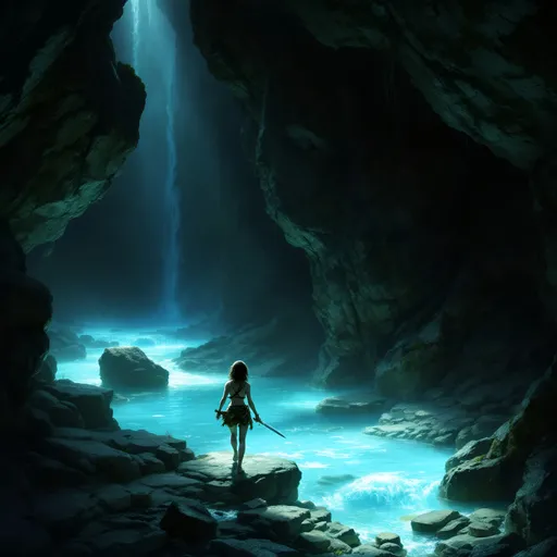 Prompt: A dark cold shadowy cave with deep caverns and sky-high walls that form into ceilings with sunlight pouring in through the cracks. A waterfall pours gently into the space and creates a crystal clear light blue stream. A brave young girl steps through cautiously armed with a small sword and 2-piece attire, a crop top and small bottoms obtained from natural materials found in the area. Her bare feet touch the stream, and an icy chill rolls up her spine.