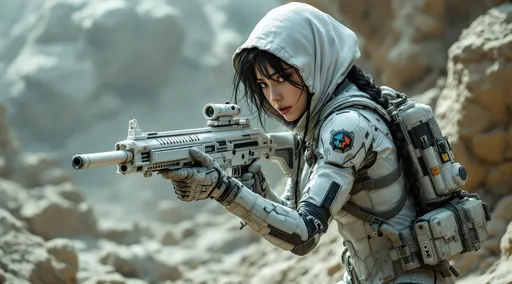 Prompt: Photorealistic, detailed environment, intricate details, A pretty Japanese girl, anatomical accurate, toned but soft body figure, on the run, distressed, cautious, tussled braided black hair, special forces, covert, spy. White science fiction style laser rifle sheathed on back, form fitting tight science fiction body suit, white cloth hood.