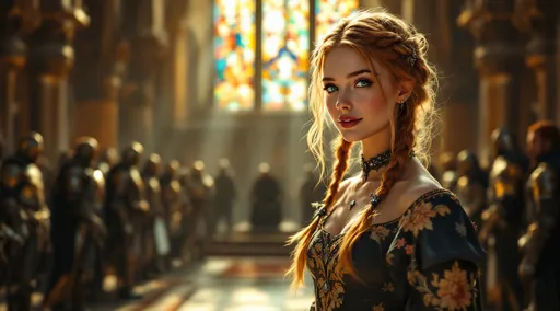 Prompt: A long shot photo of a pretty girl with light blue eyes with strawberry hair light braids held back by a black diamond head band. She is wearing a delicate gothic 14th century style top and matching bottoms in a gothic marble castle. She is in the throne room. The throne is ornate and intimidating. It's morning. Windows are stained glass. There are several highly detailed knights in the background, and a detailed crowd of 14th century villagers there to greet her. She looks happy. Her legs are crossed and elegantly barefoot.