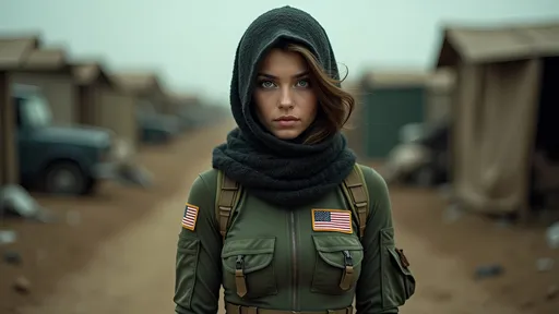 Prompt: With a determined gaze, a young woman stands at the center, wrapped in a dark, textured scarf that partially conceals her features, while her intense green eyes pierce through the shadows of a rugged environment. She has a large natural breast size. She’s dressed in a stealth-tight form fitting bodysuit, adorned with practical pockets and zippers, a USA flag patch resonating a sense of survival and resilience. And A US ARMY patch seen on her front pocket. Behind her, the blurred outlines of a chaotic, makeshift setting suggest activity, hinting at a creative, perhaps resourceful atmosphere. The muted color palette of browns and greens evokes a gritty mood, capturing a moment in a story filled with struggle and purpose. The scene suggests a narrative of adversity, as she prepares for a significant challenge, her neutral expression betraying a resolve that speaks volumes in this stark, war-torn backdrop.