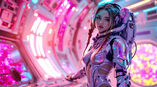 Prompt: The style is vibrant with a reflective atmosphere light effect, holographic background candid image photorealistic photography with natural textures and highly realistic light, editorial, Captured in a futuristic outer space setting, aboard an enormous galactic space station, a full body portrait of a young pretty Caucasian girl with brown lightly braided hair. She is in a chic one-piece string armor bodysuit with anime inspired stylized and dramatic cuts engineered for a cooling breathable purpose as her environment temperature is hot, she is standing in various positions. Next to her is her towering Mech suit that she pilots. The scene is shot from a ground-level, worm's eye perspective, capturing the girls accurately rendered bare feet and the grandeur of the vastness of space, with planets and stars visible all around. The 