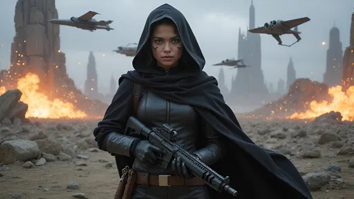 Prompt: In a futuristic, battle-scarred landscape, a young woman clad in a dark hooded cloak stands resolutely, her expression a mix of determination and vulnerability. Her sharp features are accentuated by combat markings on her face, contrasting against the soft folds of her hood, while she grips a blaster with both hands, ready for action. Behind her, a dramatic array of starfighter ships weaves through the chaos of an explosive space skirmish, illuminated by a haze of sparks and laser fire that bathes the scene in an ethereal glow. The environment is a blend of sleek modernity and rugged remnants of past conflicts, with a futuristic city rising in the background, its tall structures and neon lights adding to the intensity of the moment. The overall mood is charged, encapsulating a fierce struggle for survival amidst a vast cosmic backdrop.