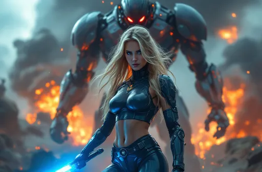 Prompt: Amidst a dramatic landscape engulfed in fiery explosions, a fierce warrior stands confidently, wielding a glowing blue lightsaber. Clad in a minimalist plastic crop top futuristic armor that accentuates her figure, she exudes grace, her long, flowing blonde hair contrasting against the glossy sheen of her outfit. Behind her looms a colossal robot, its imposing presence highlighted by glowing red eyes and intricate mechanical details, adding to the scene's intensity. The chaotic environment, filled with swirling smoke and vivid flames, enhances the high-stakes narrative of an epic battle, creating a striking blend of beauty and danger. This visual composition mixes vibrant colors with dynamic lighting, capturing the essence of a futuristic confrontation.
