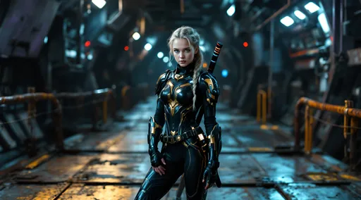Prompt: A photorealistic dark sci-fi themed depiction of a gritty, highly detailed underworld of a galactic space station, alive with cold metallic colors and vibrant neon glows. The scene intricately detailed showcases imaginative futuristic buildings and flying vehicles that contribute to an electric, humid atmosphere. Shot from a ground level, worm's eye perspective, the viewpoint emphasizes the girl's full body. Posing barefoot confidently with her hand on her hip a full-body image captures a white Caucasian girl 14 with light blue eyes and lightly braided blonde hair, adorned with a diamond hairband,. She wears a chic black and gold one-piece armor bodysuit string swimsuit. A katana with a neon hilt is sheathed on her back, enhancing her fierce presence. The high-contrast lighting casts intense shadows and bold highlights, creating a cinematic depth that heightens the suspenseful tone. Rich colors and powerful visual impact contribute to the theatrical ambiance, framing her figure against the backdrop of the city skyline visible through the giant hull of a docked space freighter., iridescent style, bright and reflective atmosphere light effects, holographic background, the framing is wide shot to capture the entire scene, including the subject and the surrounding environment