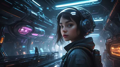 Prompt: A photorealistic dark sci-fi themed depiction of a gritty, highly detailed underworld of a galactic space station, alive with cold metallic colors and vibrant neon glows. The scene intricately detailed showcases imaginative futuristic buildings and flying vehicles that contribute to an electric, humid atmosphere. Shot from a ground level, worm's eye perspective, the viewpoint emphasizes the girl's full body. Posing barefoot confidently with her hand on her hip a full-body image captures a white Caucasian girl with light blue eyes and lightly braided blonde hair, adorned with a diamond hairband, she wears a chic black and gold one-piece armor bodysuit string swimsuit. A katana with a neon hilt is sheathed on her back, enhancing her fierce presence. The high-contrast lighting casts intense shadows and bold highlights, creating a cinematic depth that heightens the suspenseful tone. Rich colors and powerful visual impact contribute to the theatrical ambiance, framing her figure against the backdrop of the city skyline visible through the giant hull of a docked space freighter., iridescent style, bright and reflective atmosphere light effects, holographic background, the framing is wide shot to capture the entire scene, including the subject and the surrounding environment