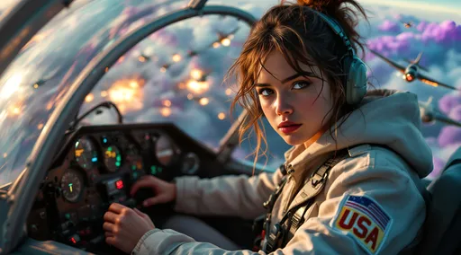Prompt: In a photorealistic style, depict a 15-year-old girl with tousled brown hair, and a white bomber jacket with USA proudly patched on it's sleeve, her fierce determination glowing through the glass cockpit of a battered 1950s USA fighter jet with space age accents. The scene set in an alternate timeline captures her in an intense moment, grips tight on the controls as she focuses intently on the fiery chaos unfolding in the sky above an alien planet. Swirling clouds of vibrant purples and greens swirl around her, illuminated by sporadic bursts of explosions in the distance, casting an ethereal glow over her face. The glass reflects the vivid battle scene, adding layers of texture to her confident expression. Alien landscapes stretch out below, dotted with strange, bioluminescent flora, as enemy planes streak past, engaging in a high-stakes aerial duel.