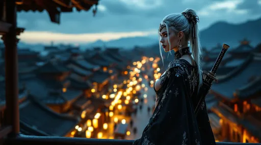 Prompt: A striking figure perched on a Feudal Japan rooftop. A young visibly barefoot, the viewer can see her bare feet. Caucasian woman with flowing, platinum blonde hair with an ornate head band or hair tie with diamond accents, gazes intently into the distance, her expression a blend of calm and intensity. Adorned in a dark, silver adorned, revealing, intricately designed outfit complemented by black gothic crop top and a flowing cape, she exudes an aura of mystery, enhanced by the ornate sword sheathed on her back. The backdrop of a bustling, lantern-lit street evokes a sense of lively, yet tranquil evening in an ancient-style town, illuminated by warm, golden glows and deep shadows. The composition captures a perfect balance between the foreground's detailed figure and the enchanting blur of the vibrant street scene behind her, creating a captivating narrative of adventure and intrigue. The overall mood is one of heightened drama, accentuated by the contrast between her dark attire and the softly glowing lights around her, set against a rich, dusky blue sky.
