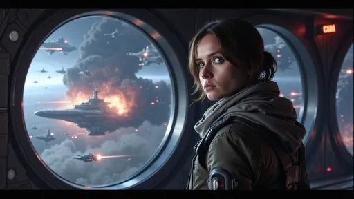 Prompt: @XSYVKeNEe9BabnsO59bG A photorealistic depiction of a woman gazing out from the expansive window of a vast space station, observing the chaos of a galactic war. The dark color scheme envelops the scene, with deep blues and blacks punctuated by fiery orange and red explosions from distant battlecruisers engaging in combat. The woman stands in profile, her silhouette framed against the illuminated window, her expression a mix of determination and concern. Outside, massive battlecruisers unleash beams of energy, creating brilliant flashes that illuminate the void of space. The atmosphere is tense, with debris swirling in the aftermath of the explosions, and the faint glow of distant stars providing a stark contrast to the unfolding violence. The camera angle captures both her contemplative stance and the dramatic scale of the conflict beyond the glass.