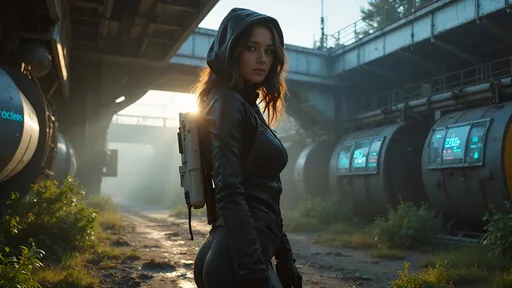 Prompt: A dark sci-fi themed scene featuring a young woman with brown hair and hazel eyes, portrayed in a sleek, form-fitting science fiction bodysuit with a hood, embodying a cautious and covert special forces operative. The shot is captured from a ground-level worm's eye perspective, looking up from the earth, emphasizing her height and presence against the backdrop of a high-tech facility. The environment showcases complex machinery and advanced technology motifs, infused with cold metallic colors and vibrant neon glows of blues and pinks, enhancing the retro-futuristic vibe. The dramatic lighting contrasts sharply, with natural sunlight filtering through, casting warm, soft tones that create a golden hour glow. Shadows are cast naturally, and ambient outdoor lighting reflects subtly off glossy surfaces, creating gentle highlights. The earthy color palette is complemented by subtle greenery reflections in the metallic structures, adding depth to the dystopian atmosphere. Her silhouette is highlighted dramatically, with a white science fiction-style laser rifle slung over her back, enhancing the sense of imminent danger and intrigue. The composition is rich with detail, ensuring a balanced perspective that draws the viewer's eye smoothly from the foreground to the background, establishing an immersive cinematic experience.
