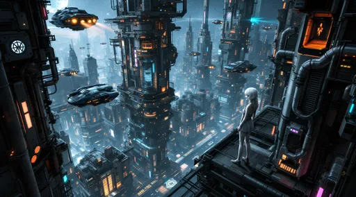 Prompt: A dark sci-fi themed depiction of a gritty, highly detailed underworld of a galactic space station, alive with cold metallic colors and vibrant neon glows. The scene showcases imaginative futuristic buildings and flying vehicles that contribute to an electric, humid atmosphere. Shot from a ground level, worm's eye perspective, the viewpoint emphasizes the towering structures and the bustling life above. A full-body image captures a white Caucasian 14 girl with light blue eyes and lightly braided blonde hair, adorned with a diamond hairband, posing confidently with her hand on her hip on the ledge of a high tower. She wears a chic black and gold crop top paired with armored black and gold string swim bottoms. A katana with a neon hilt is sheathed on her back, enhancing her fierce presence. The high-contrast lighting casts intense shadows and bold highlights, creating a cinematic depth that heightens the suspenseful tone. Rich colors and powerful visual impact contribute to the theatrical ambiance, framing her figure against the backdrop of the city skyline visible through the giant hull of a docked space freighter.
