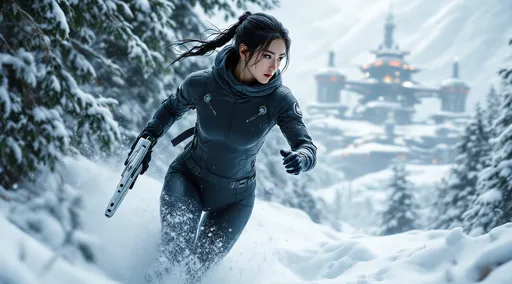 Prompt: Photorealistic, detailed, intricate details, A pretty Japanese girl, toned but soft body figure, on the run, distressed, cautious looking, tussled braided black hair, special forces, covert, spy, white science fiction style laser rifle, weapon pointed away from viewer, form fitting tight science fiction body suit, hood, evasion, enemy danger close, behind enemy lines, snow, mountain forest, winter. Highly detailed, miles long science fiction enemy base background