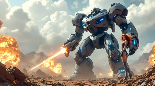 Prompt: Ultra Quality, Ultra detail, masterpiece. A stunning photo realistic dark sci-fi scene featuring a courageous pretty girl Caucasian with long red hair and striking blue eyes, engaged in an intense battle alongside her friendly 80-foot-tall anime styled Mech unit, against a backdrop of chaotic warfare. She wields a sleek white laser rifle, she is in a futuristic, form-fitting crop top chic bodysuit that highlights her dynamic movement in the midst of the action. The wide establishing shot captures the expansive environment, showcasing a thrilling conflict that spans both space and a distant planet. The scene is framed with deep focus clarity, providing a cinematic perspective that highlights the intricate details of the surrounding chaos, including vibrant laser fire and explosive bursts from downed enemy crafts. The lighting is infused with vibrant neon glows in electric blues and pinks, creating a high-contrast atmosphere that enhances the retro-futuristic vibe. Glossy surfaces reflect the dynamic lights, adding depth and drama to the urban energy of the battlefield. The composition balances the foreground action with the expansive background, immersing viewers in an imaginative sci-fi scenario that resonates with epic scale and excitement.