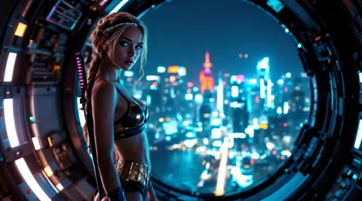 Prompt: A gritty, highly detailed photorealistic underworld of a galactic space station, vibrant with neon lights and reflective surfaces. The imaginative futuristic buildings and flying vehicles bustling with life create an electric humid atmosphere. In a giant hull of a docked space freighter with the city skyline in view a FULL BODY image from a low angle view of a pretty barefoot Caucasian 14 light blue eyes, lightly braided blonde hair girl adorned with a diamond hairband poses front with her hand on her hip on a high tower ledge, showcasing her full body., wearing a chic black and gold crop top, black and gold armored string swim bottoms. A katana with a neon hilt is sheathed on her back, adding to her fierce presence. The scene is framed low worm's eye view to capture the high detail of her entire body, with dramatic lighting that enhances the bold contrasts between the neon glow and the dark urban landscape, creating a captivating visual narrative.