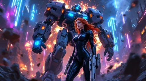 Prompt: Ultra Quality, Ultra detail, masterpiece. A stunning photo realistic dark sci-fi scene featuring a courageous pretty girl Caucasian with long red hair and striking blue eyes, engaged in an intense battle alongside her friendly 80-foot-tall anime styled Mech unit, against a backdrop of chaotic warfare. She wields a sleek white laser rifle, she is in a futuristic, form-fitting crop top chic bodysuit that highlights her dynamic movement in the midst of the action. The wide establishing shot captures the expansive environment, showcasing a thrilling conflict that spans both space and a distant planet. The scene is framed with deep focus clarity, providing a cinematic perspective that highlights the intricate details of the surrounding chaos, including vibrant laser fire and explosive bursts from downed enemy crafts. The lighting is infused with vibrant neon glows in electric blues and pinks, creating a high-contrast atmosphere that enhances the retro-futuristic vibe. Glossy surfaces reflect the dynamic lights, adding depth and drama to the urban energy of the battlefield. The composition balances the foreground action with the expansive background, immersing viewers in an imaginative sci-fi scenario that resonates with epic scale and excitement.