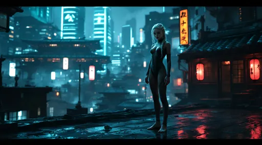 Prompt: A dark sci-fi themed scene set in a dystopian reimagining of 1700's Edo period Japan, where advanced technology motifs intertwine with traditional elements. The environment features cold metallic colors illuminated by neon glows, set against a backdrop of old homes and street vendors. Shot from a ground-level worm's eye perspective, the extreme low angle emphasizes the towering structures and the bare foot girl standing confidently on a shingled rooftop above. She is a young bare foot Caucasian girl with lightly braided white hair and striking light-colored eyes, her bare feet adorned with intricately designed foot bracelets that catch the light. She wears a chic, bodysuit inspired by futuristic design, featuring stylish cuts in the suit that contrast with the historical surroundings. The atmosphere is enhanced by high-contrast lighting with intense shadows and bold highlights, creating a cinematic depth that adds suspense and a powerful visual impact. The rainy scene reflects the soft glow of old lanterns hanging throughout, merging the old with the new in a theatrical ambiance filled with complex machinery and rich colors.