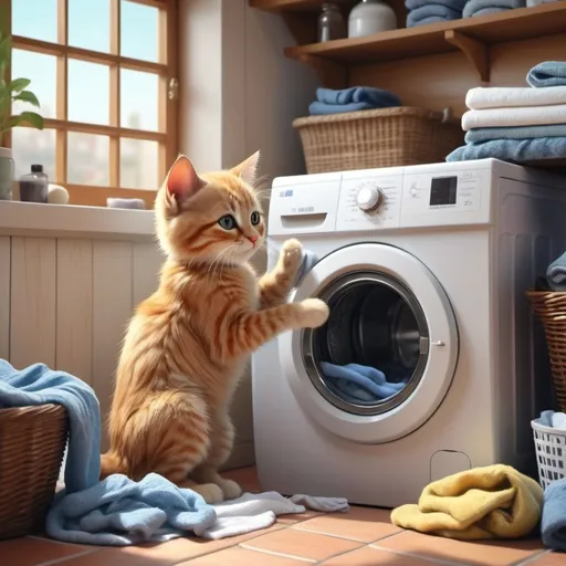 Prompt: Little cat washing clothes 