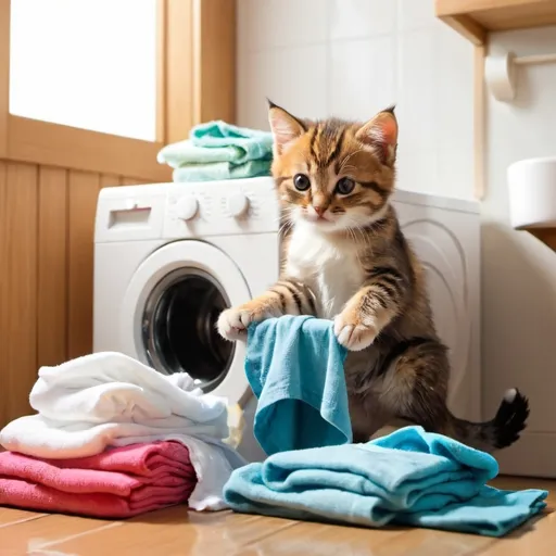 Prompt: Little cat washing clothes 