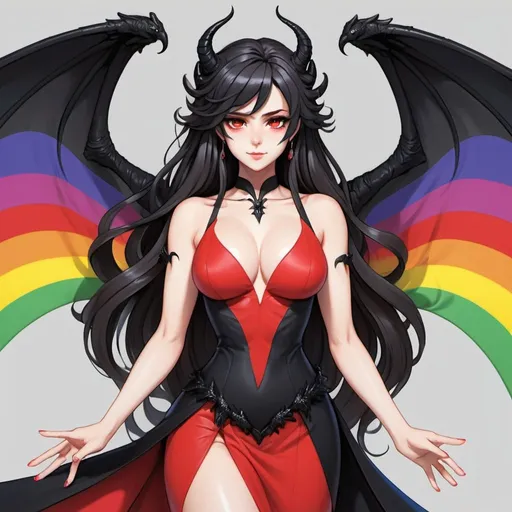 Prompt: a mature woman with black dragon wings on the central area of the back, black horns curving forwards, and a black dragon tail. this woman has rainbow eyes. this woman has long hair. make this in the anime style. have her wearing a red dress
