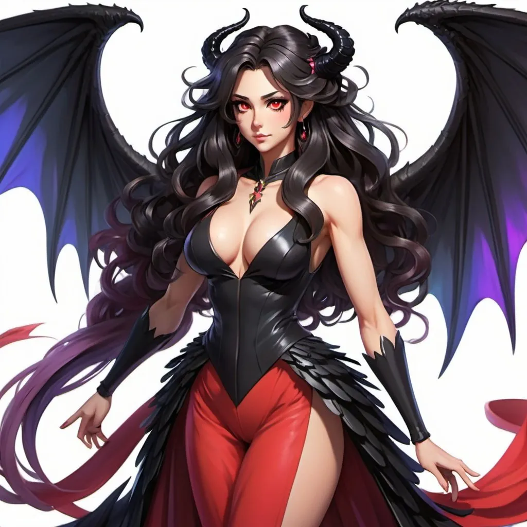 Prompt: a mature woman with black dragon wings on the central area of the back, black horns curving forwards, and a black dragon tail. this woman has rainbow eyes. this woman has long hair. make this in the anime style. have her wearing a red dress
