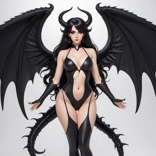 Prompt: a mature woman with black dragon wings on the central area of the back, black horns curving forwards, and a black dragon tail. this woman has rainbow eyes. this woman has long hair. make this in the anime style. have her wearing full succubus cosplay
